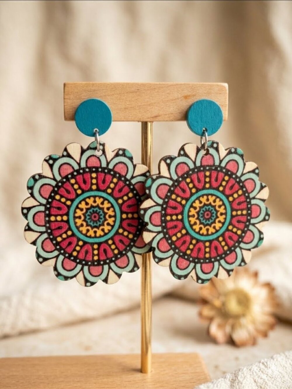 Wooden Floral Mandala Earrings Teal Pink Boho Lightweight Dangle Earrings